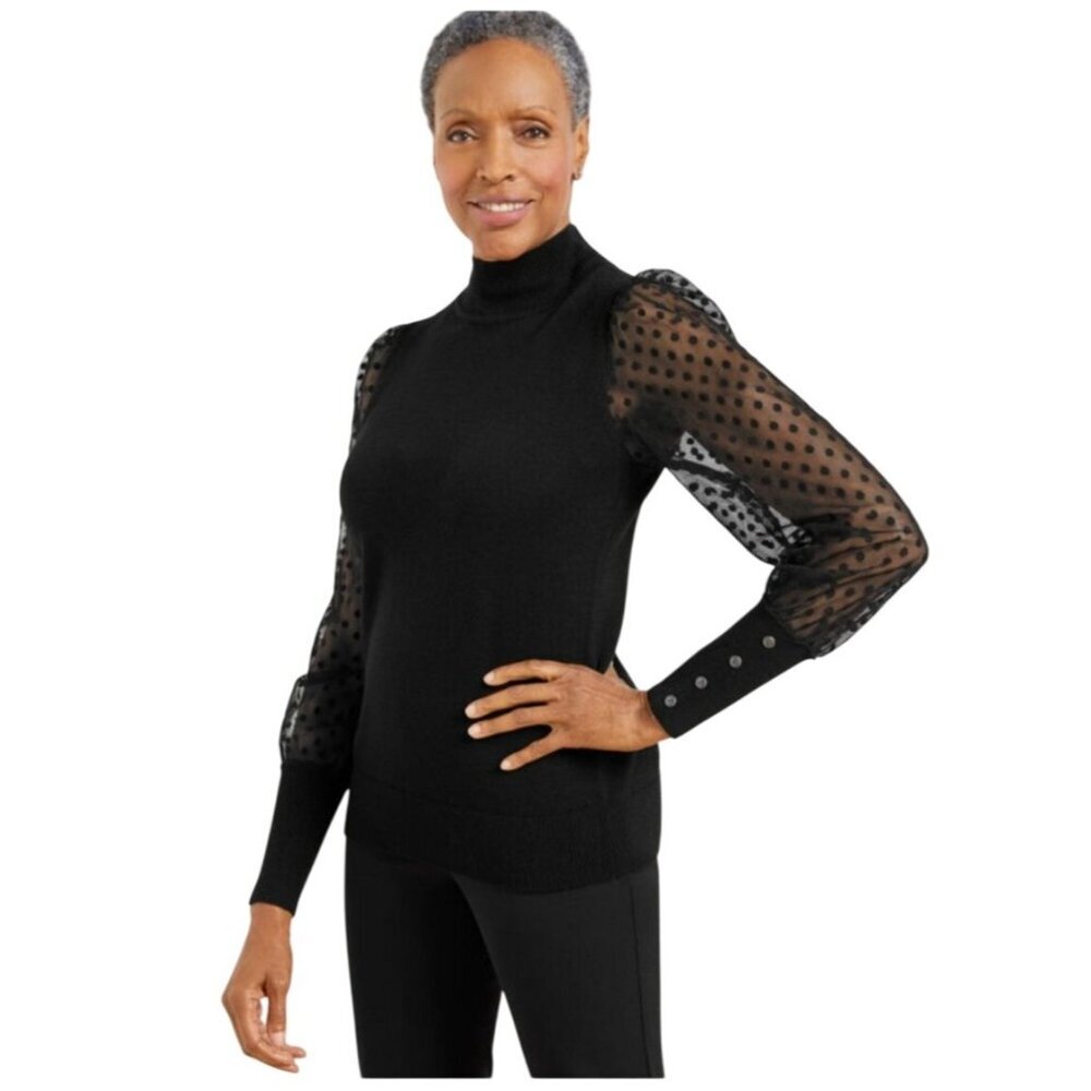 Talbots Sweater 2X Tulle Dot Billowy Sleeve Mockneck Black Romantic Whimsigoth‎